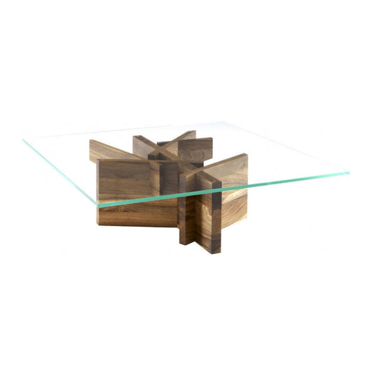 ASHERA - Low square wood and glass coffee table.