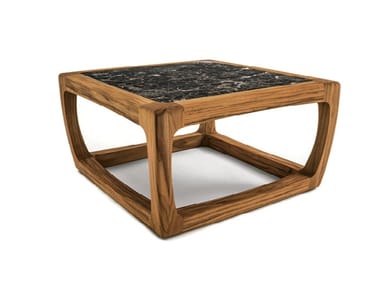 BUNGALOW - Square teak garden side table with marble top (Request Info).