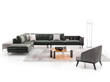KIM - Corner fabric sofa with integrated magazine rack (Request Info).