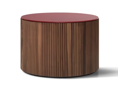 DRUM - Round solid walnut coffee table with back painted glass top (Request Info).