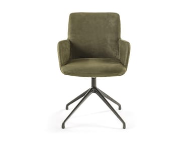 SOFT ARM - Swivel trestle-based leather chair with armrests (Request Info).