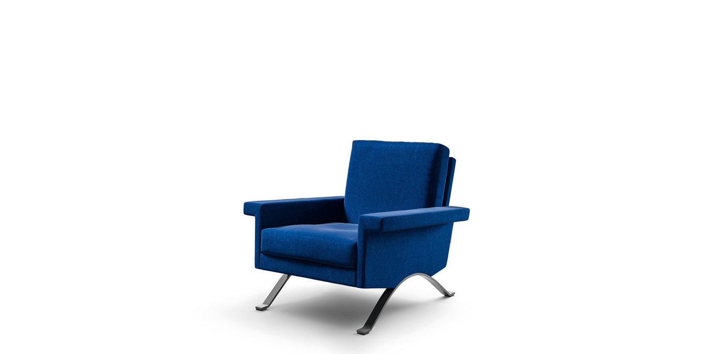 875 Fabric Armchair with Curved Metal Base.