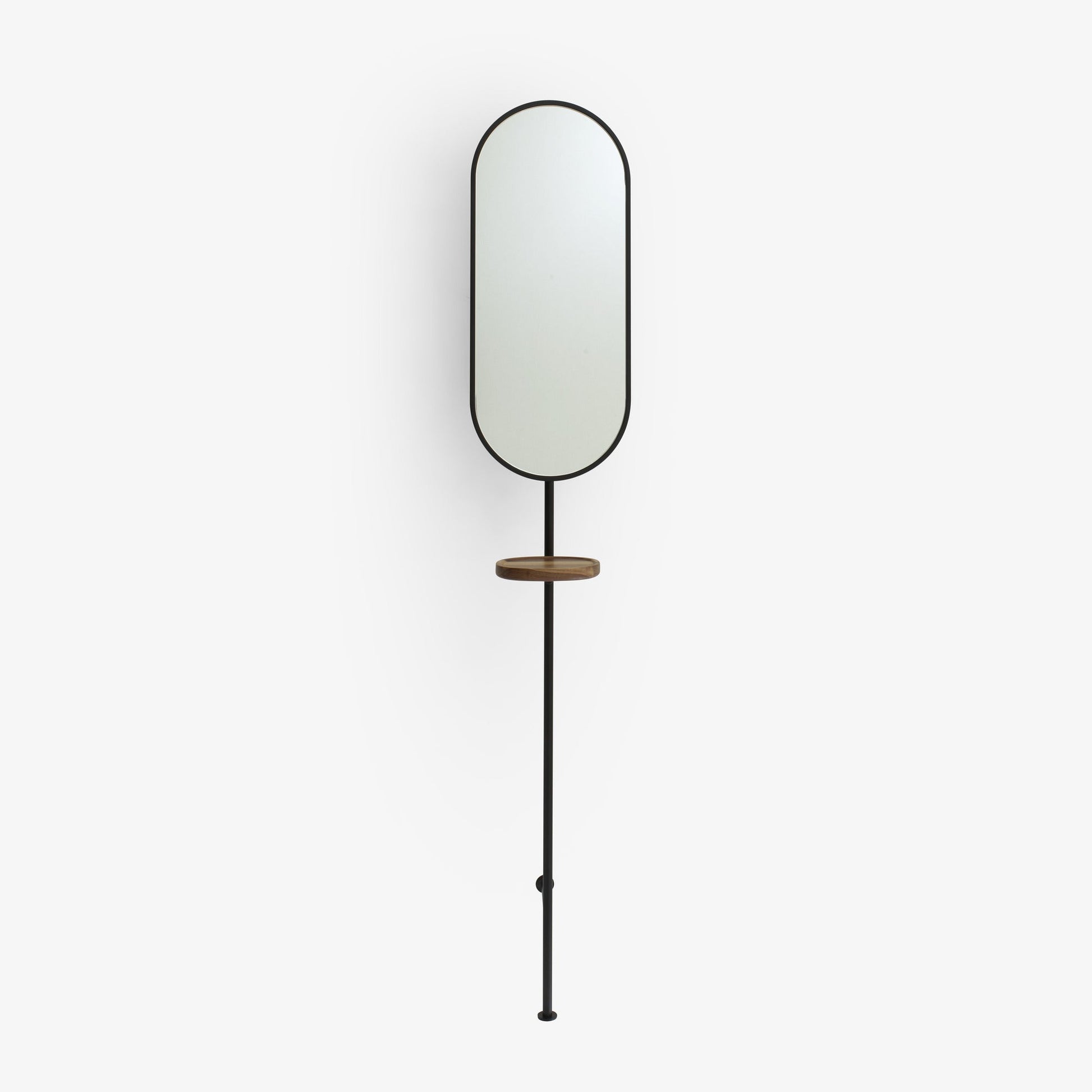 LOOMY - Oval wall-mounted glass and steel mirror with shelf.