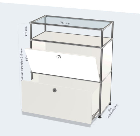 1x3 module highboard (1 extension door with metal box & 1 drop down door & 1 glass panel) [W750XD350XH(350+350+175)]