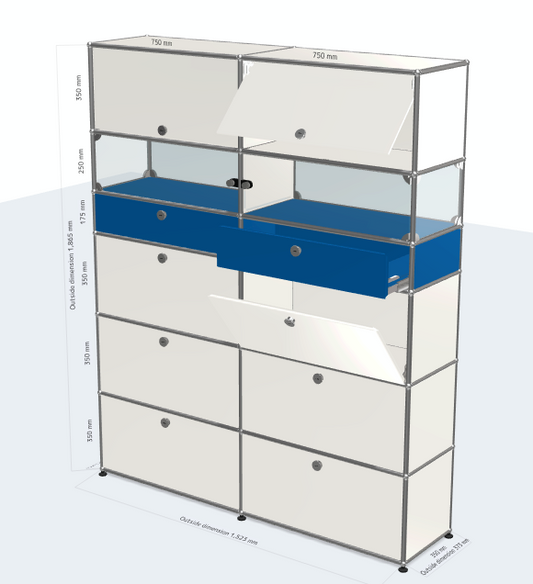 2x6 Module (2 extension doors with metal box & 6 drop down doors & 2 flip up doors & 2 glass doors & Pure white & Gentian blue color) [W(750+750)XD350XH(350+350+350+175+250+350)]