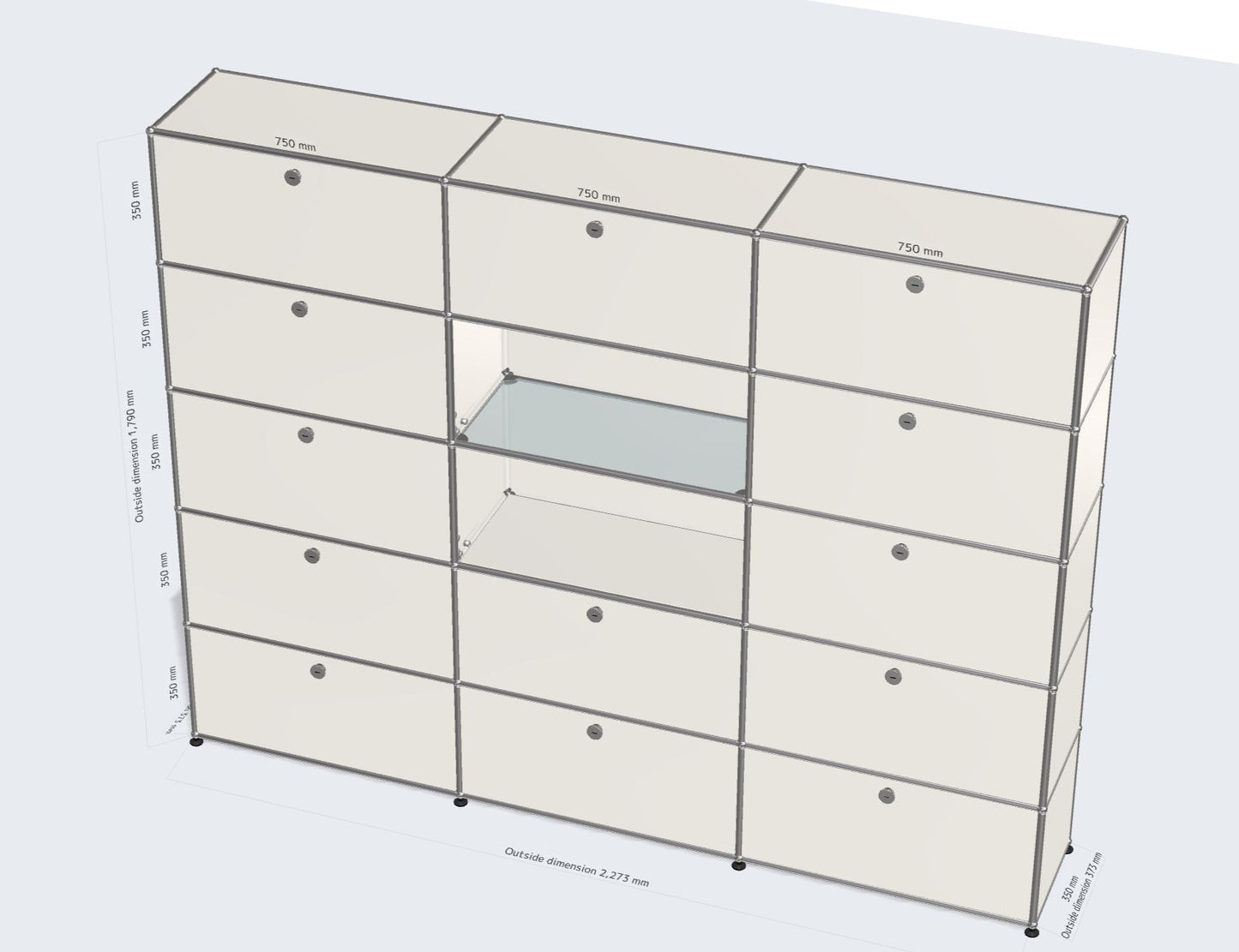 3x5 Module System (13 drop down doors & 1 glass panel) [W(750+750+750)XD350xH(350+350+350+350+350)]