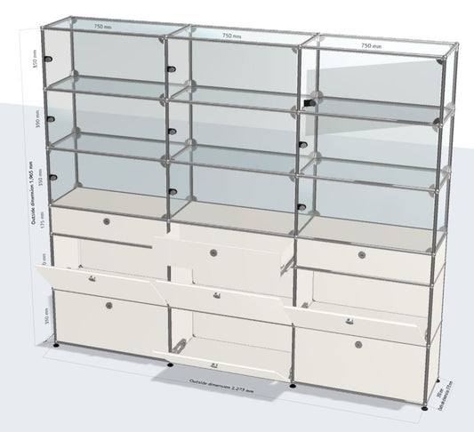 3x6 Module System (6 drop down doors, 3 drawers, 9 glass doors with left handle) [W(750+750+750)XD350xH(350+350+175+350+350+350)]