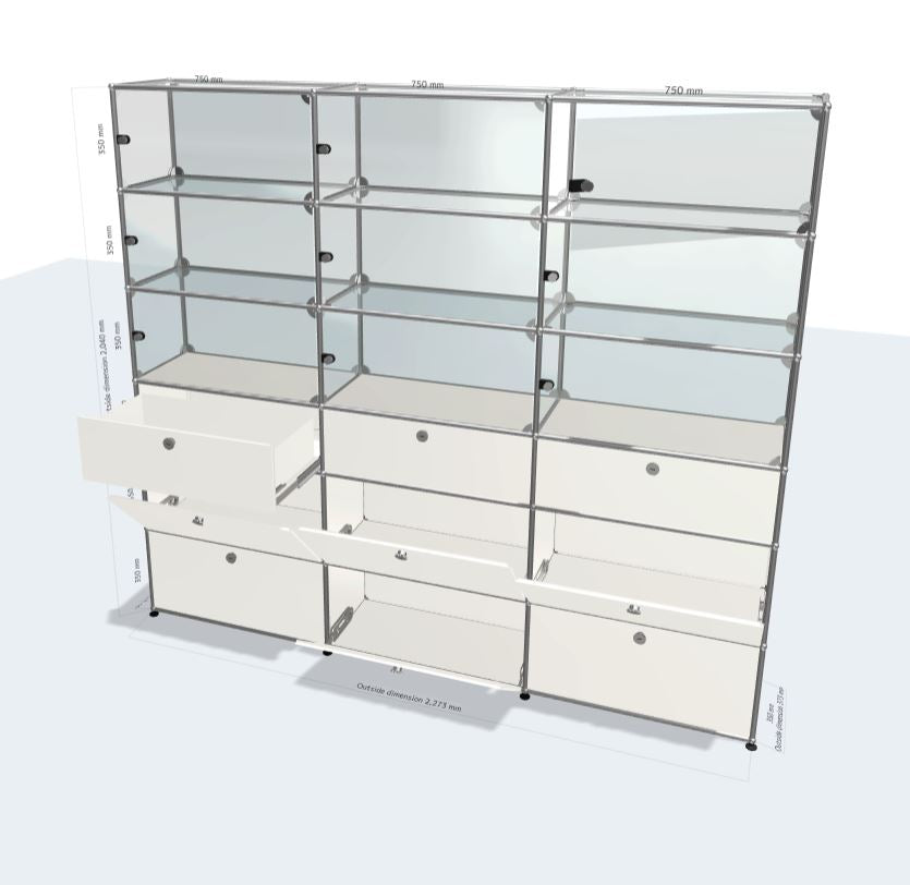 3x6 Module System (6 drop down doors, 3 drawers, 9 glass doors with left handle) [W(750+750+750)XD350xH(350+350+250+350+350+350)]