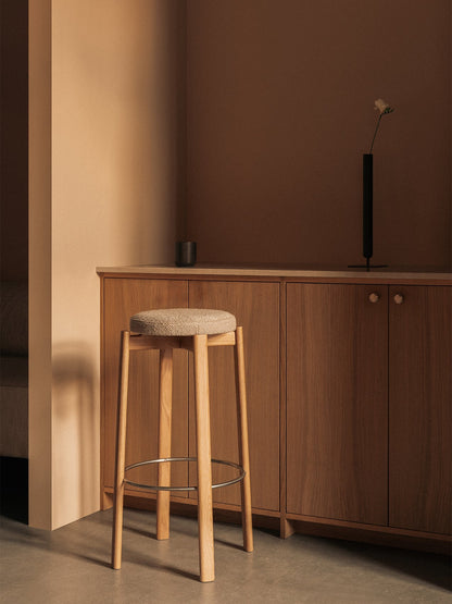 PASSAGE BAR STOOL, NATURAL OAK BASE, UPHOLSTERED SEAT
