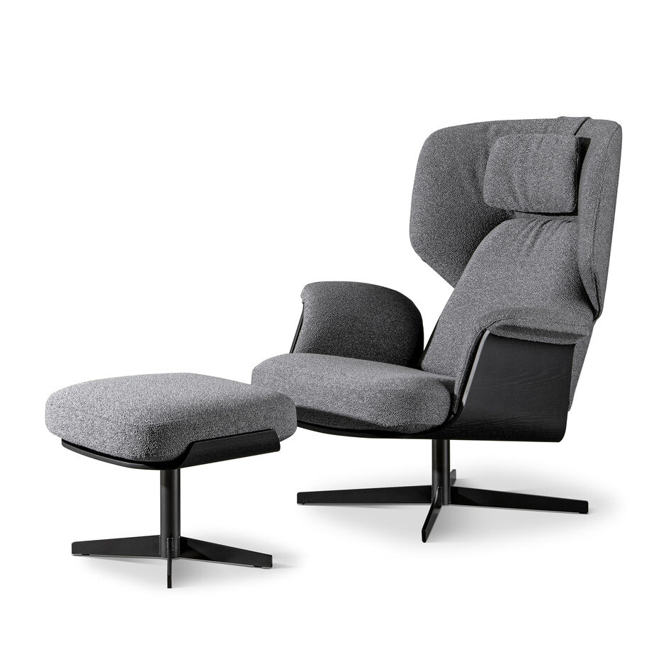 OLOS - Swivel fabric armchair with footstool (Request Info).