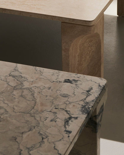 Doric coffee table, 80 x 80 cm, neutral white travertine