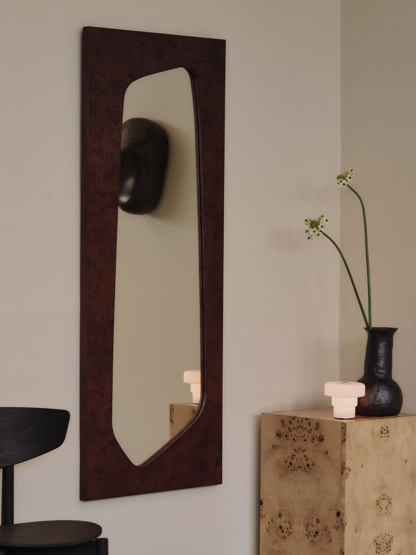 Burl side table with cabinet, natural