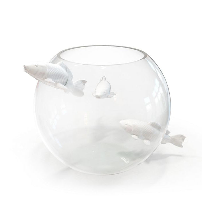 NO LIMIT Mouth-blown glass vase with 3 enamelled porcelain fishes by Roche Bobois #White