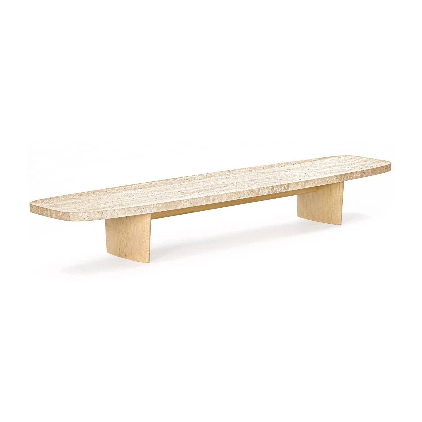 Matéria Long - Rectangular travertine and wood coffee table.