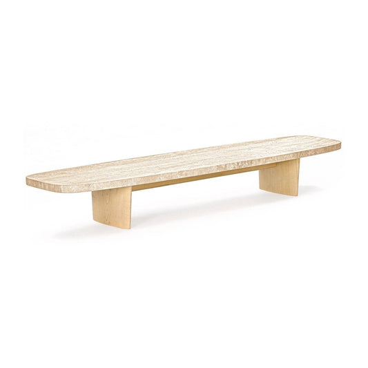 Matéria Long - Rectangular travertine and wood coffee table.