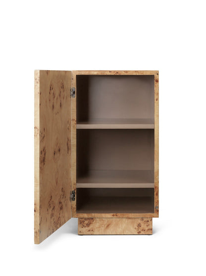Burl side table with cabinet, natural