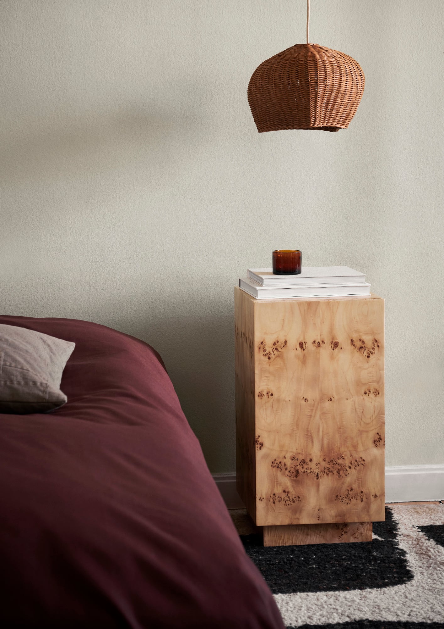 Burl side table with cabinet, natural
