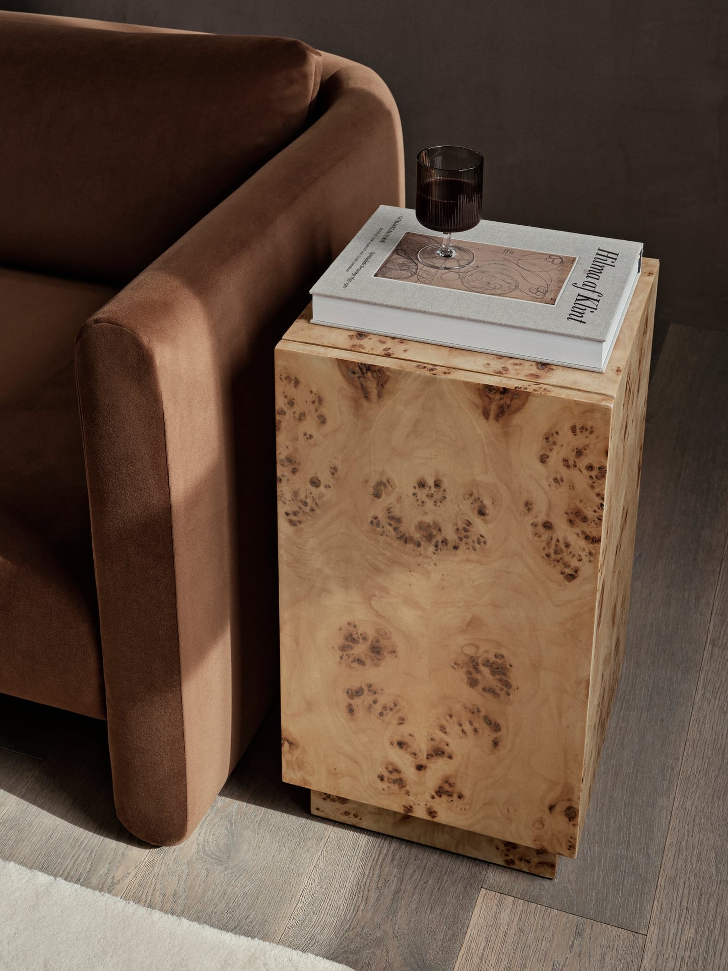 Burl side table with cabinet, natural