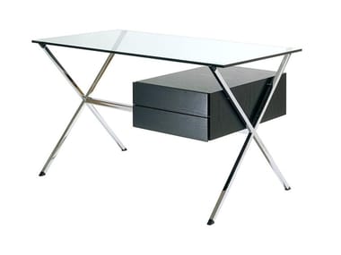 Albini Desk - Glass and Steel Writing Desk with Wood Drawer (Quote inquiry).