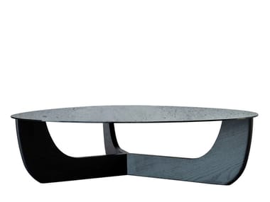 CALA - Low round glass coffee table with solid wood base (Request Info).