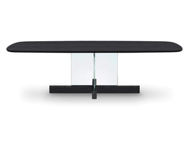 CROSS GLASS - Barrel-shaped wood and glass table (Request Info).