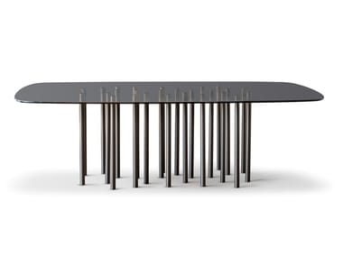 MILLE - Barrel-shaped glass and steel table (Request Info).