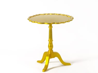 SHIELD - Round wooden high side table with 3-star base (Request Info).