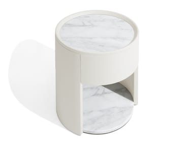 SIDE VIBE - Round leather and marble bedside table with drawers (Request Info).