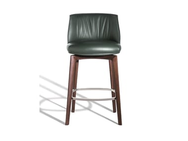 ARCHIBALD STOOL - High upholstered leather stool with footrest / wood base.