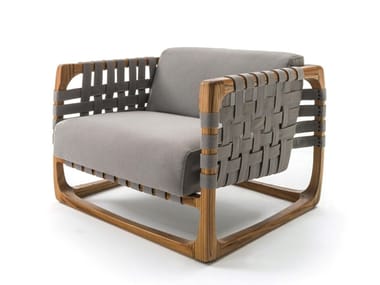 BUNGALOW - Fabric garden armchair with armrests and teak structure (Request Info).