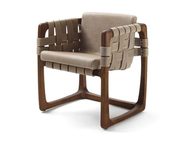 BUNGALOW - Sled base leather and solid wood chair with armrests (Request Info).