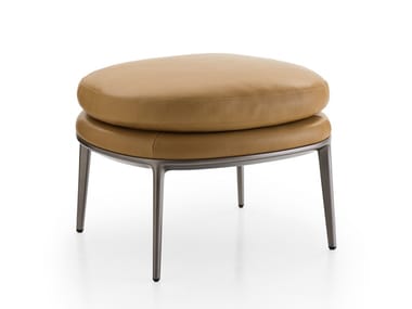 CARATOS - Upholstered round leather pouf.
