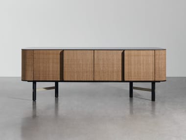 DAEN 69 - Wooden sideboard with flap doors covered in faux leather (Request Info).