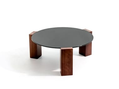 GOGAN - Low round wood and glass coffee table (Request Info).