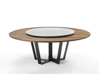 KOHI - Round solid wood table with marble Lazy Susan (Request Info).
