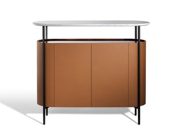 MI - Tanned leather highboard with doors and marble top (Request Info).