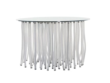 ORG - Service table with rope legs and glass circular top (Request Info).
