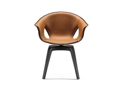 GINGER - Swivel trestle-based tanned leather chair with armrests (Request Info).