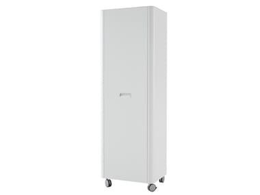 TRAVEL - Tall chipboard office storage unit with hinged doors with castors (Request Info).