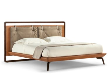 VOLARE DUE - Leather double bed with fabric upholstered headboard (Request Info).