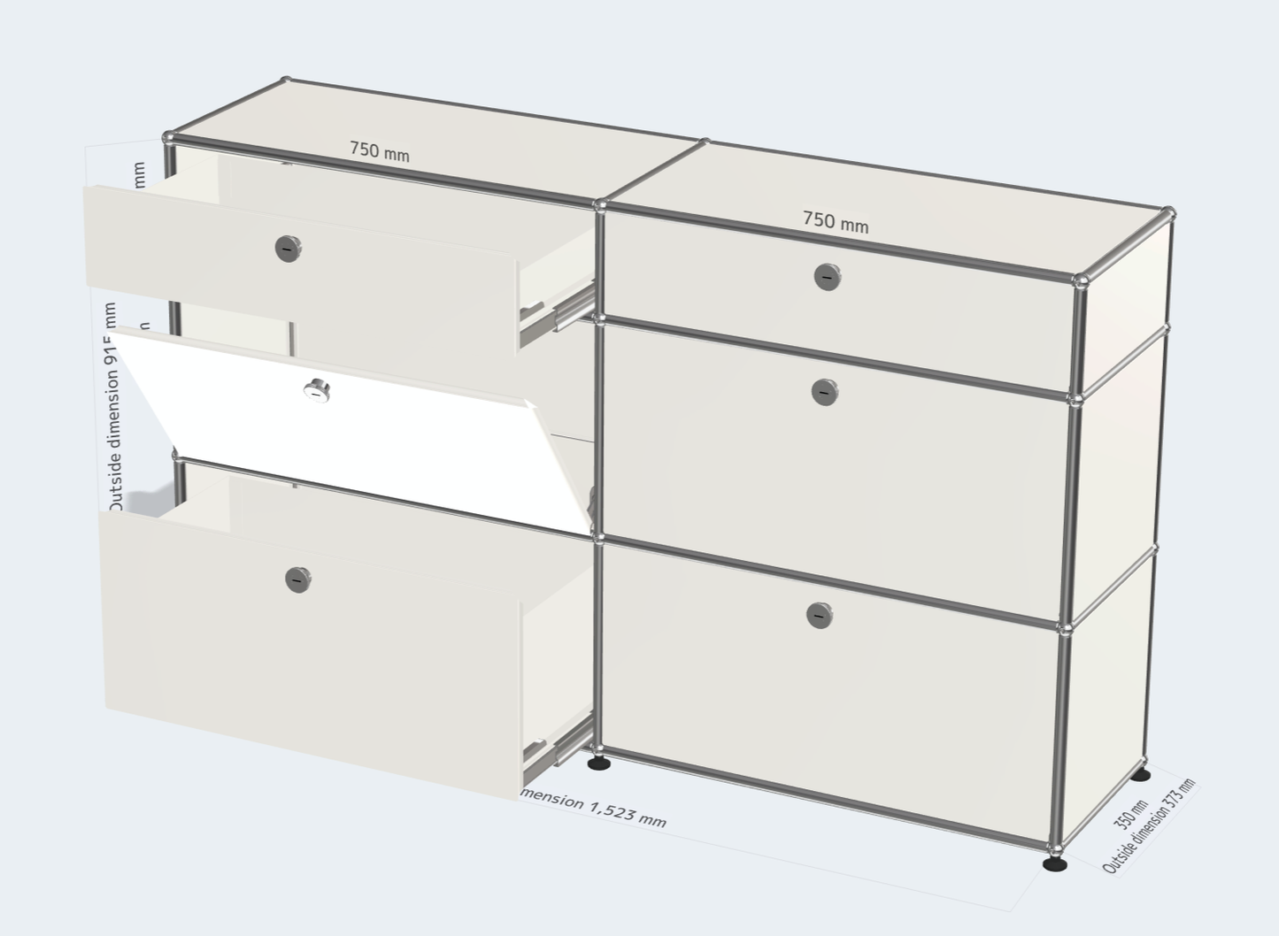 2x3 module (bottom 2 drawers & middle 2 drop down doors & top 2 drawers) [W(750+750)XD500XH(350+350+175)]