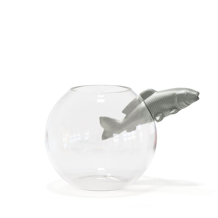 NO LIMIT Mouth-blown glass vase with enamelled porcelain fish by Roche Bobois #Silver-Glazed