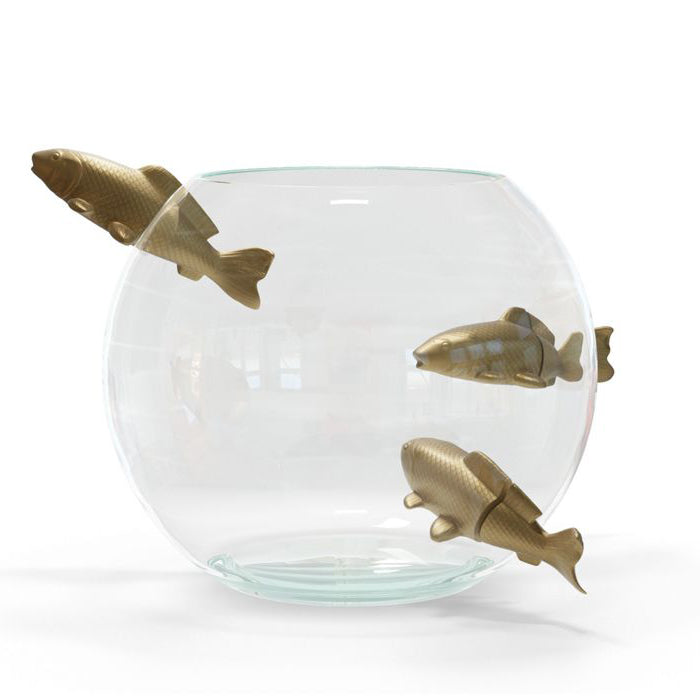 NO LIMIT Mouth-blown glass vase with 3 enamelled porcelain fishes by Roche Bobois #Gold