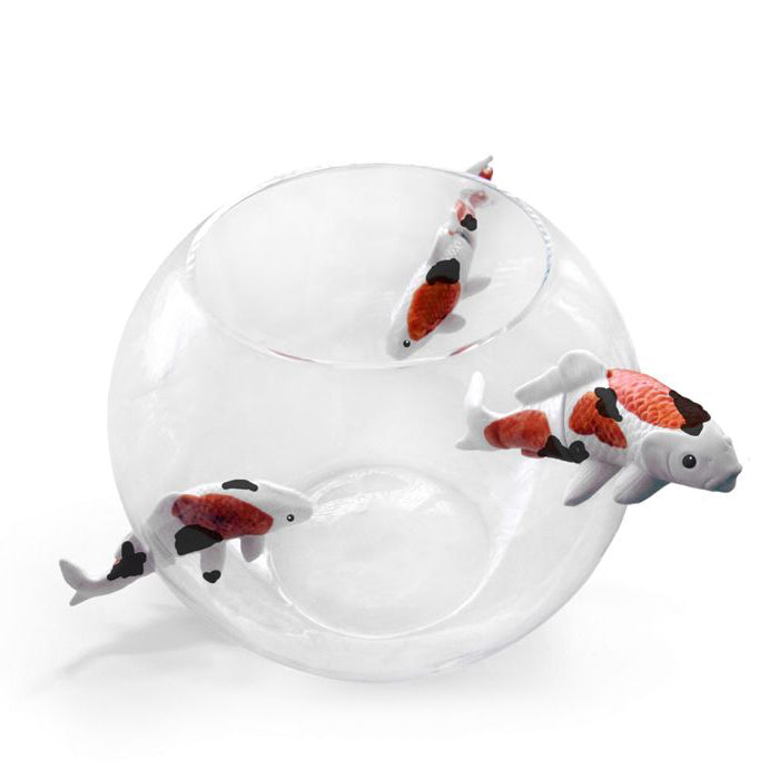 NO LIMIT Mouth-blown glass vase with 3 enamelled porcelain fishes by Roche Bobois #White & Blue & Red