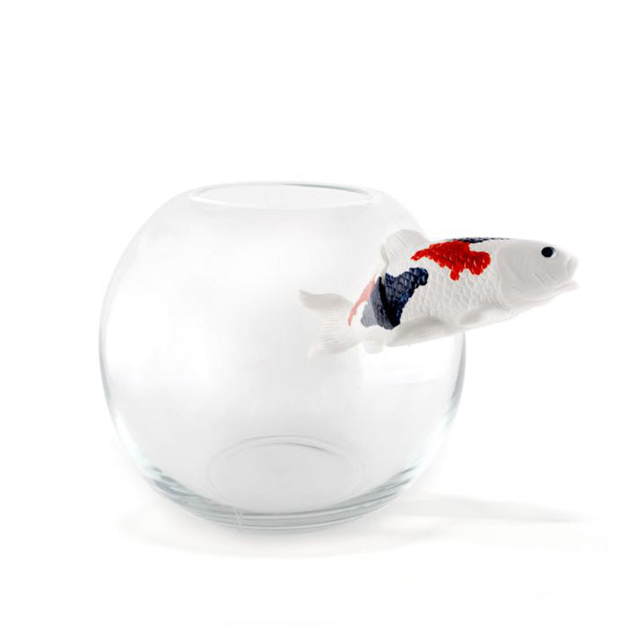NO LIMIT Mouth-blown glass vase with enamelled porcelain fish by Roche Bobois #White & Blue & Red