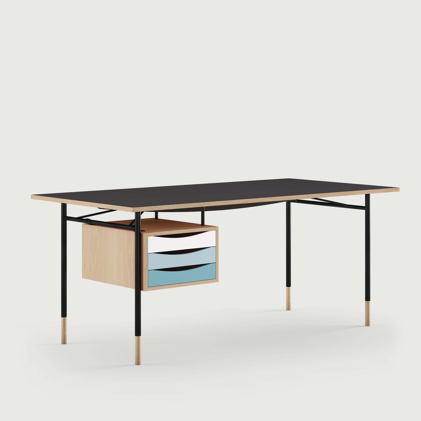 THE NYHAVN DESK W/ TRAY UNIT by House of Finn Juhl #Oak Clear Oil / Black Linoleum/Black / Cold Colours