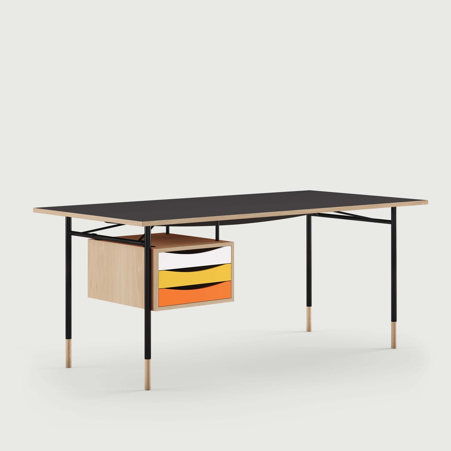 THE NYHAVN DESK W/ TRAY UNIT by House of Finn Juhl #Oak Clear Oil / Black Linoleum/Black / Warm Colours