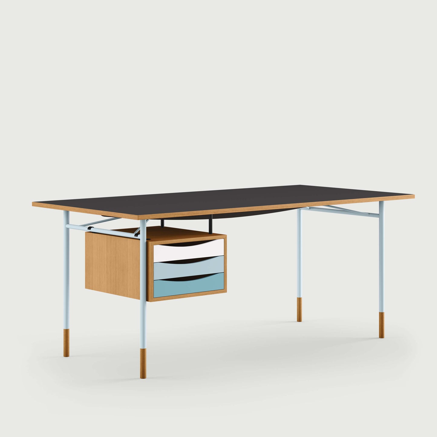 THE NYHAVN DESK W/ TRAY UNIT by House of Finn Juhl #Oak Dark Oil / Black Linoleum/Light Blue / Cold Colours