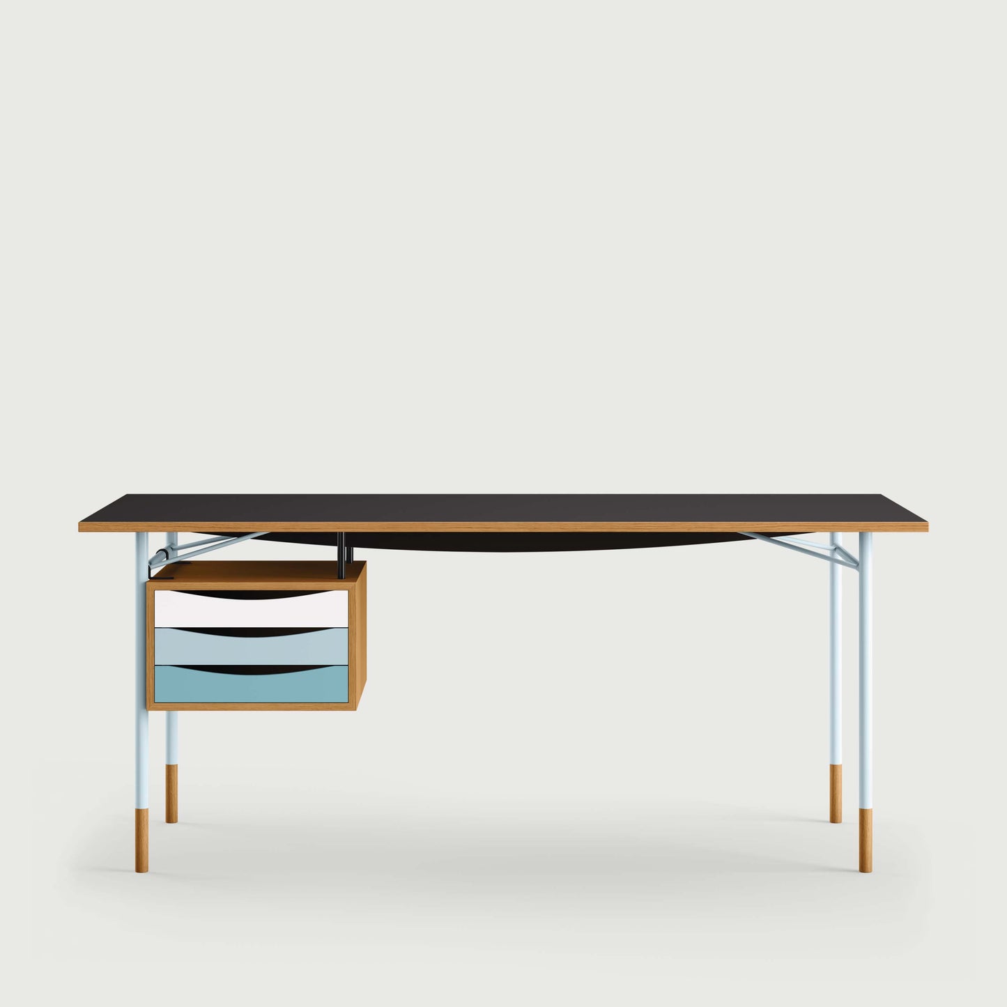 THE NYHAVN DESK W/ TRAY UNIT by House of Finn Juhl #Oak Dark Oil / Black Linoleum/Light Blue / Cold Colours