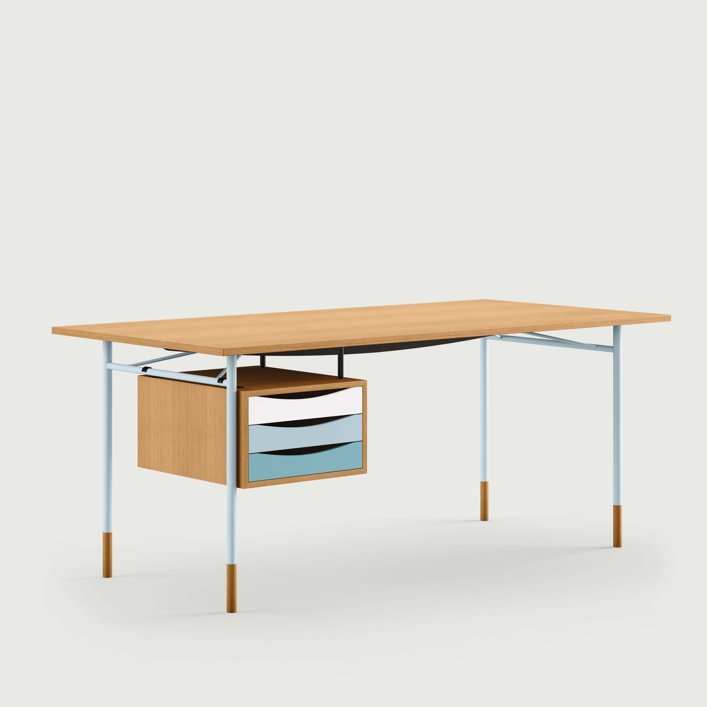 THE NYHAVN DESK W/ TRAY UNIT by House of Finn Juhl #Oak Dark Oil/Light Blue / Cold Colours